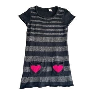 Striped Sweater Dress black gray stripes short sleeve Girls Size 7-8
